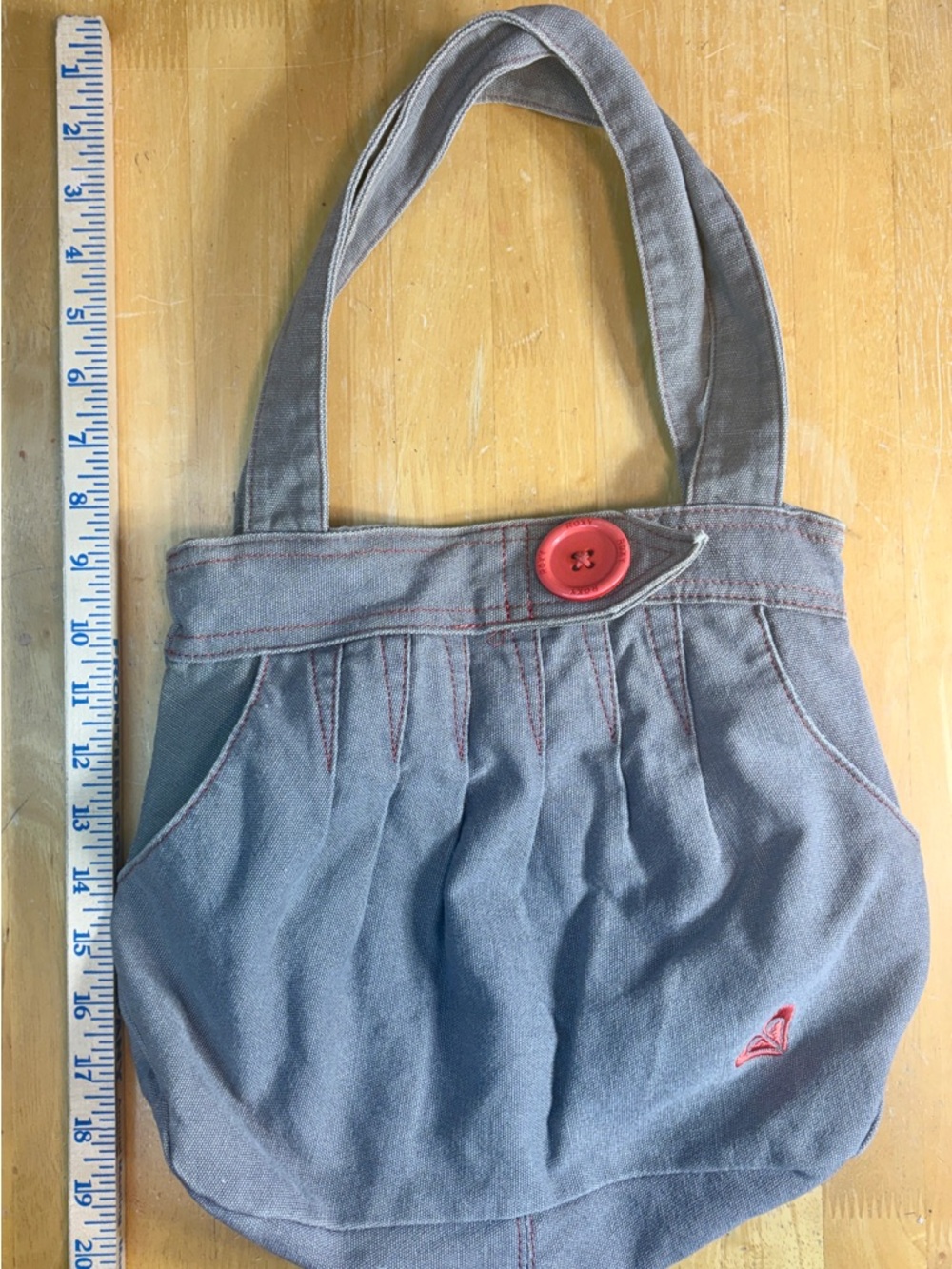 Roxy Denim Purse Tote Gray Blue Salmon Pink Button Pleats Y2K Satchel Straps - Picture 10 of 10
